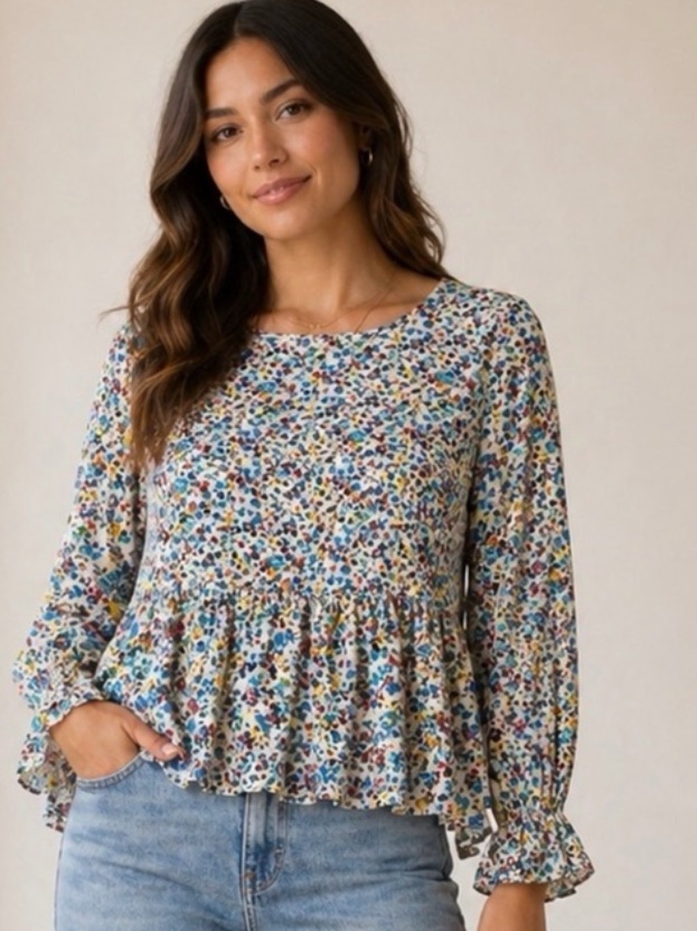 Jane and Delancey Cream Multicolor Floral Peplum Long Sleeve Blouse Sz M